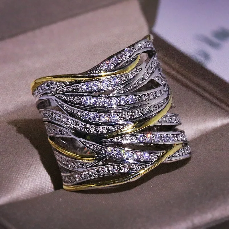 TwoTone Engagement Zircon Ring Women Wedding Jewelry