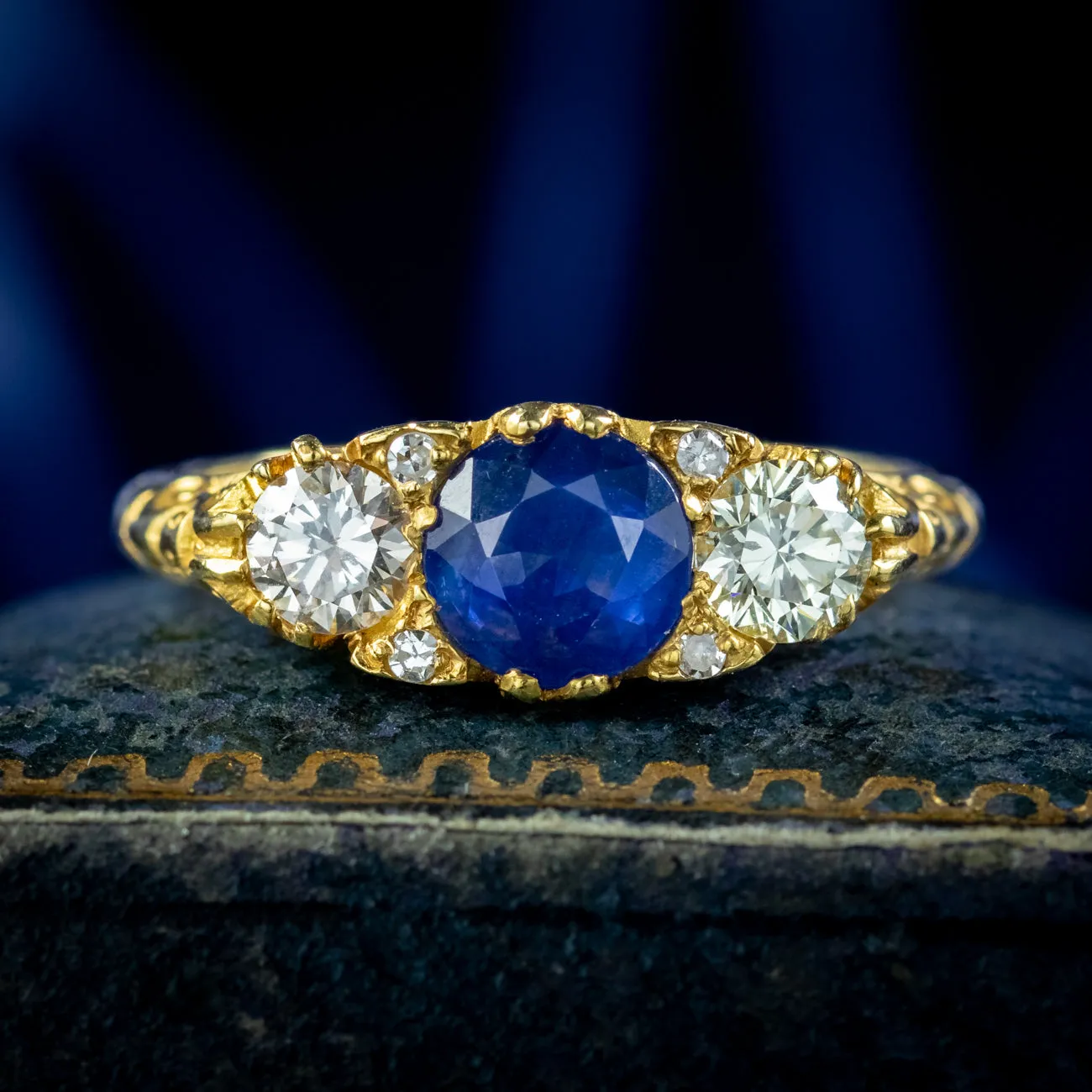 Victorian Style Sapphire Diamond Trilogy Ring 0.80ct Blue Sapphire