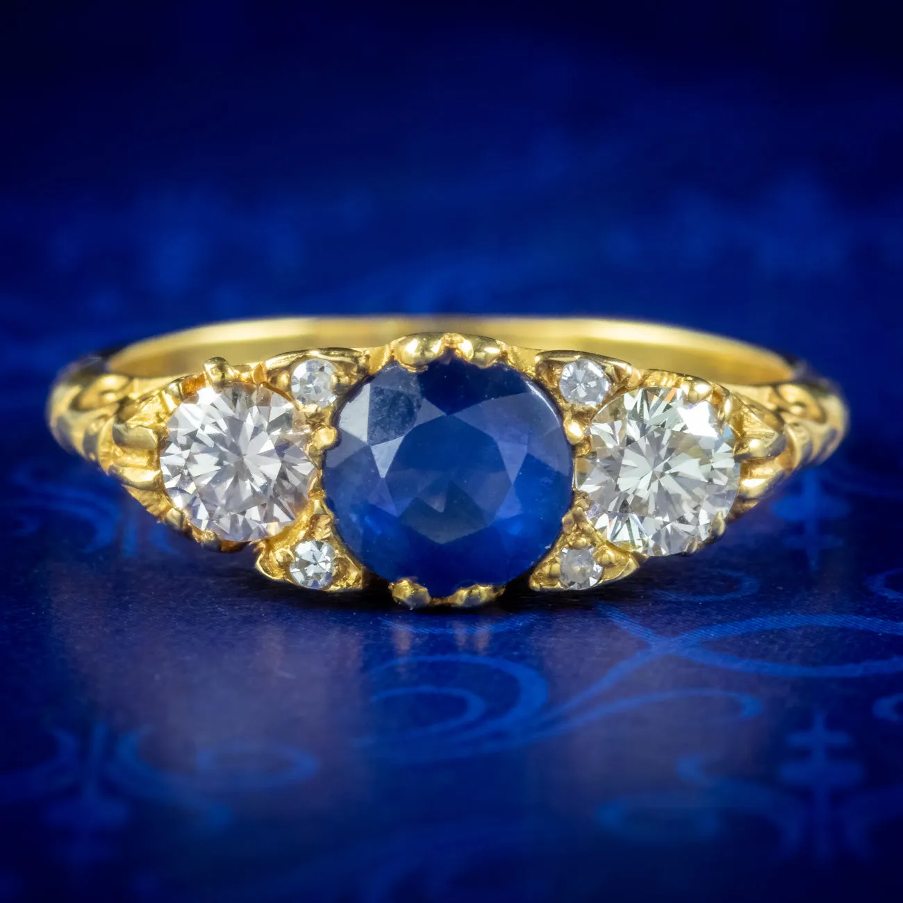 Victorian Style Sapphire Diamond Trilogy Ring 0.80ct Blue Sapphire
