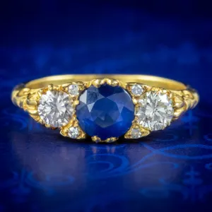 Victorian Style Sapphire Diamond Trilogy Ring 0.80ct Blue Sapphire