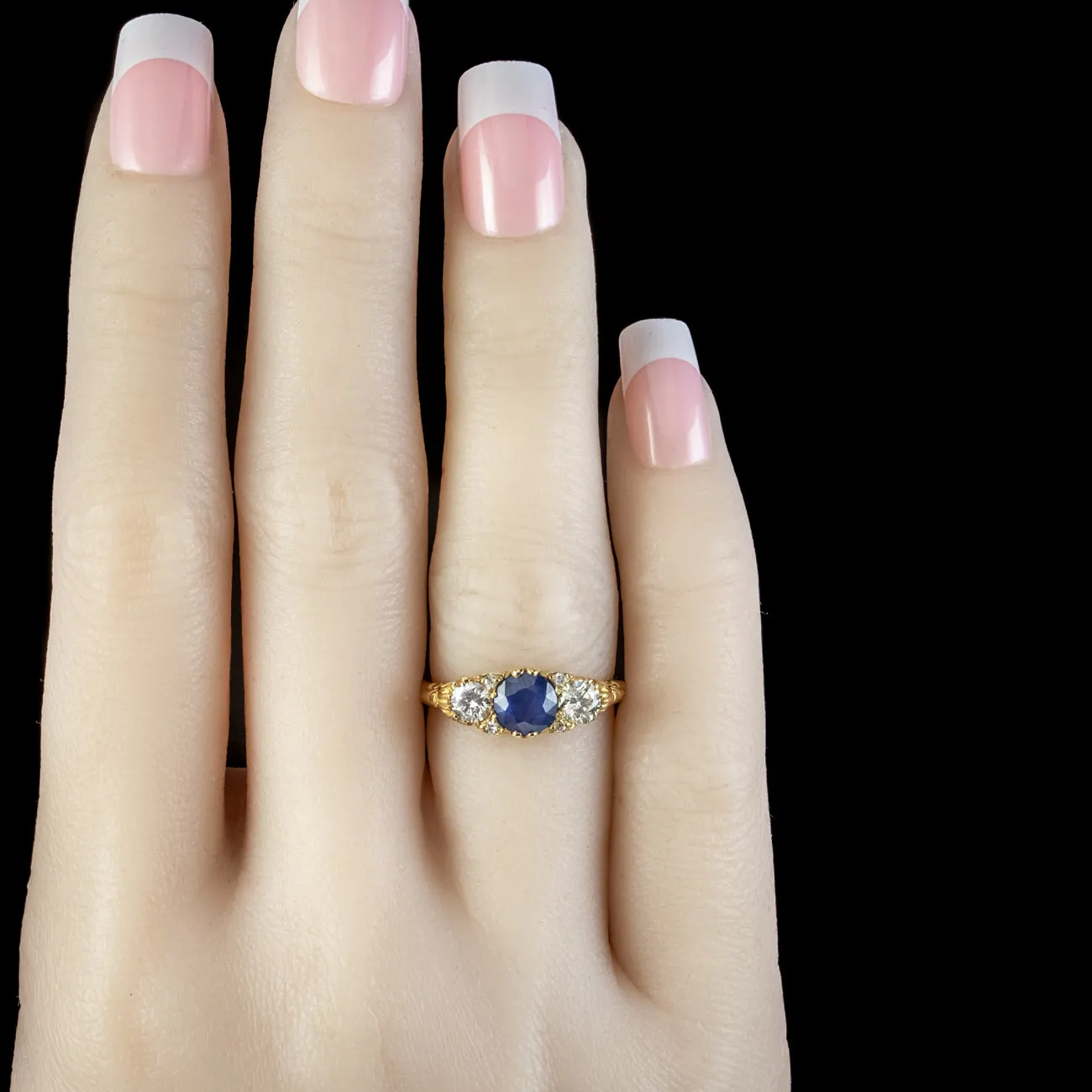 Victorian Style Sapphire Diamond Trilogy Ring 0.80ct Blue Sapphire