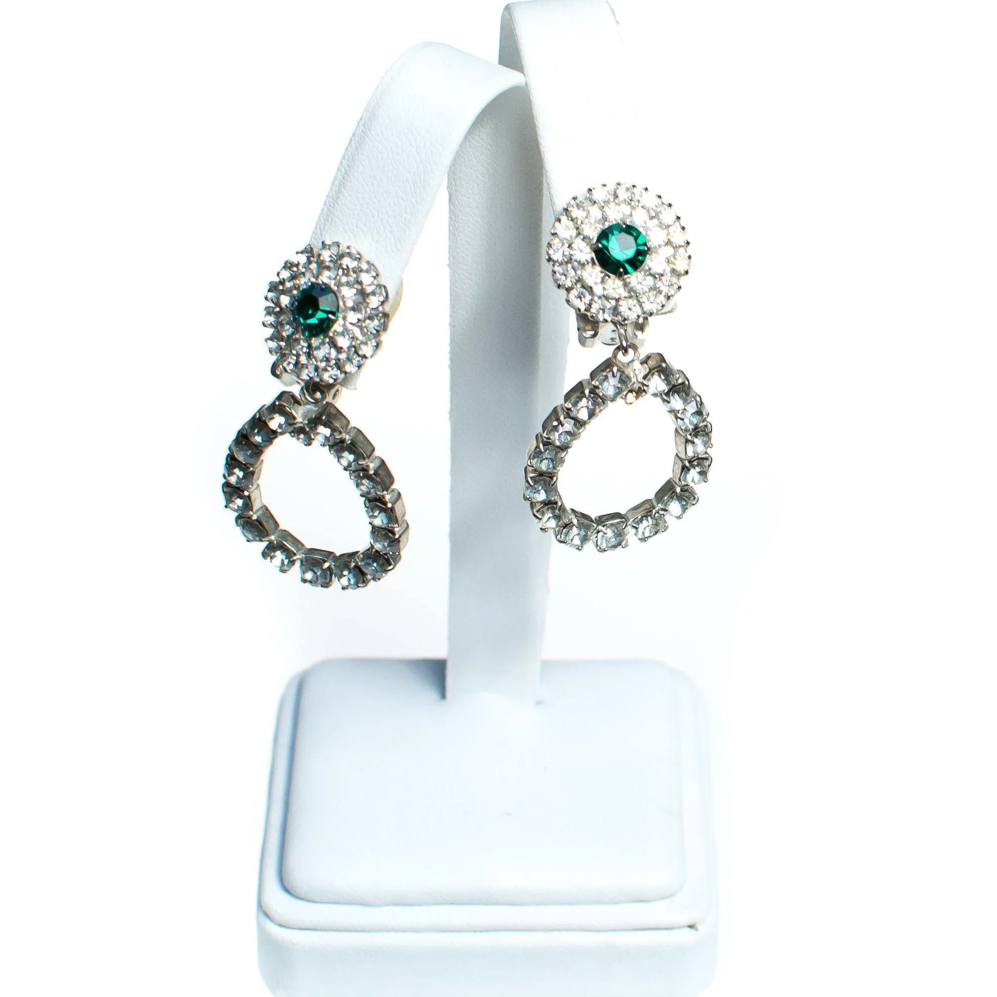 Vintage 1960s Diamante and Emerald Crystal Drop Statement Earrings, Diamante Crystals, Green Rhinestone, Clip-on