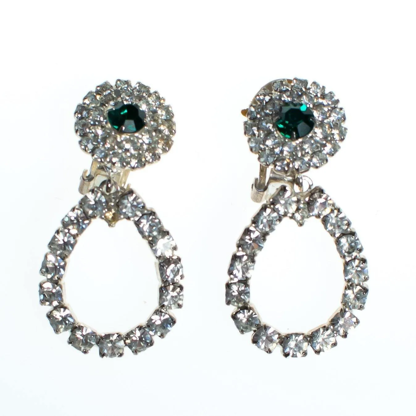 Vintage 1960s Diamante and Emerald Crystal Drop Statement Earrings, Diamante Crystals, Green Rhinestone, Clip-on