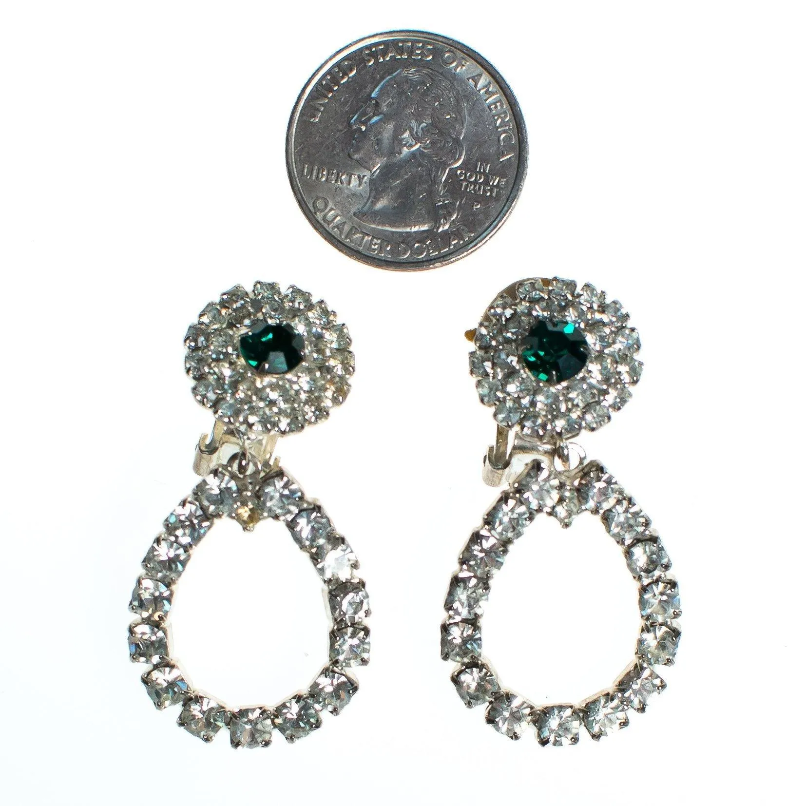 Vintage 1960s Diamante and Emerald Crystal Drop Statement Earrings, Diamante Crystals, Green Rhinestone, Clip-on