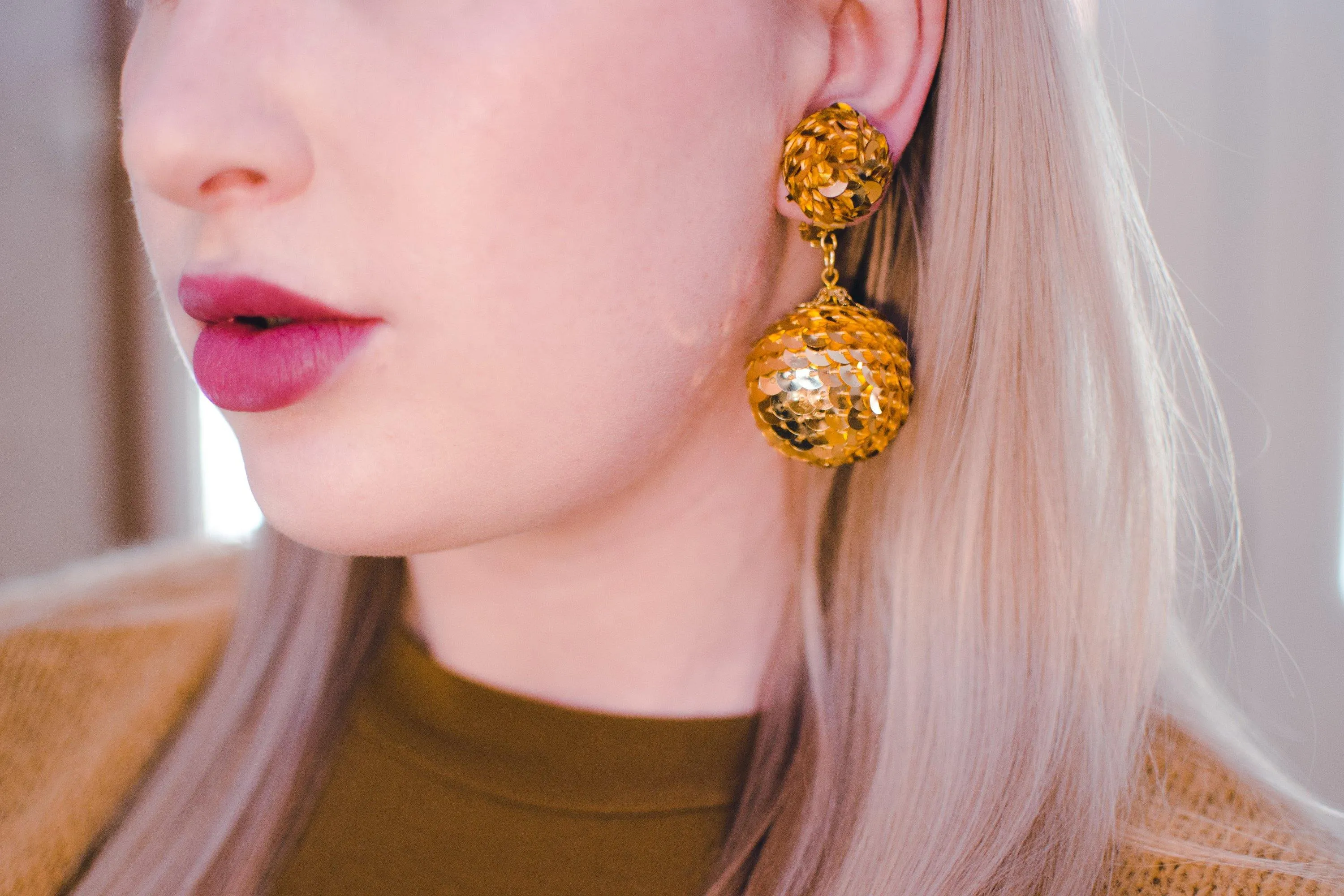 Vintage 1960s Gold Sequin Bon Bon Statement Earrings, Dangle Earrings, Gold Tone Sequins, Clip-on