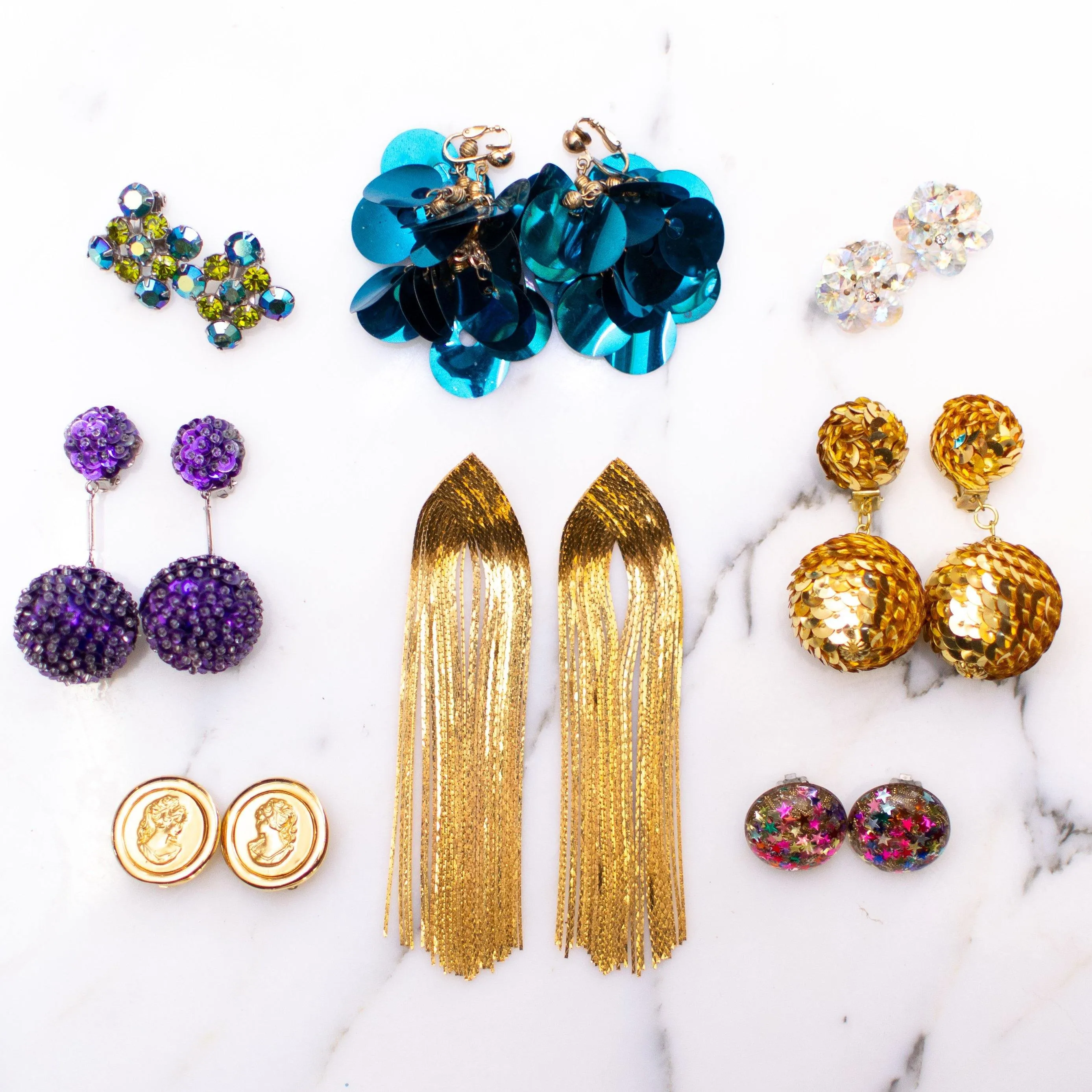 Vintage 1960s Gold Sequin Bon Bon Statement Earrings, Dangle Earrings, Gold Tone Sequins, Clip-on