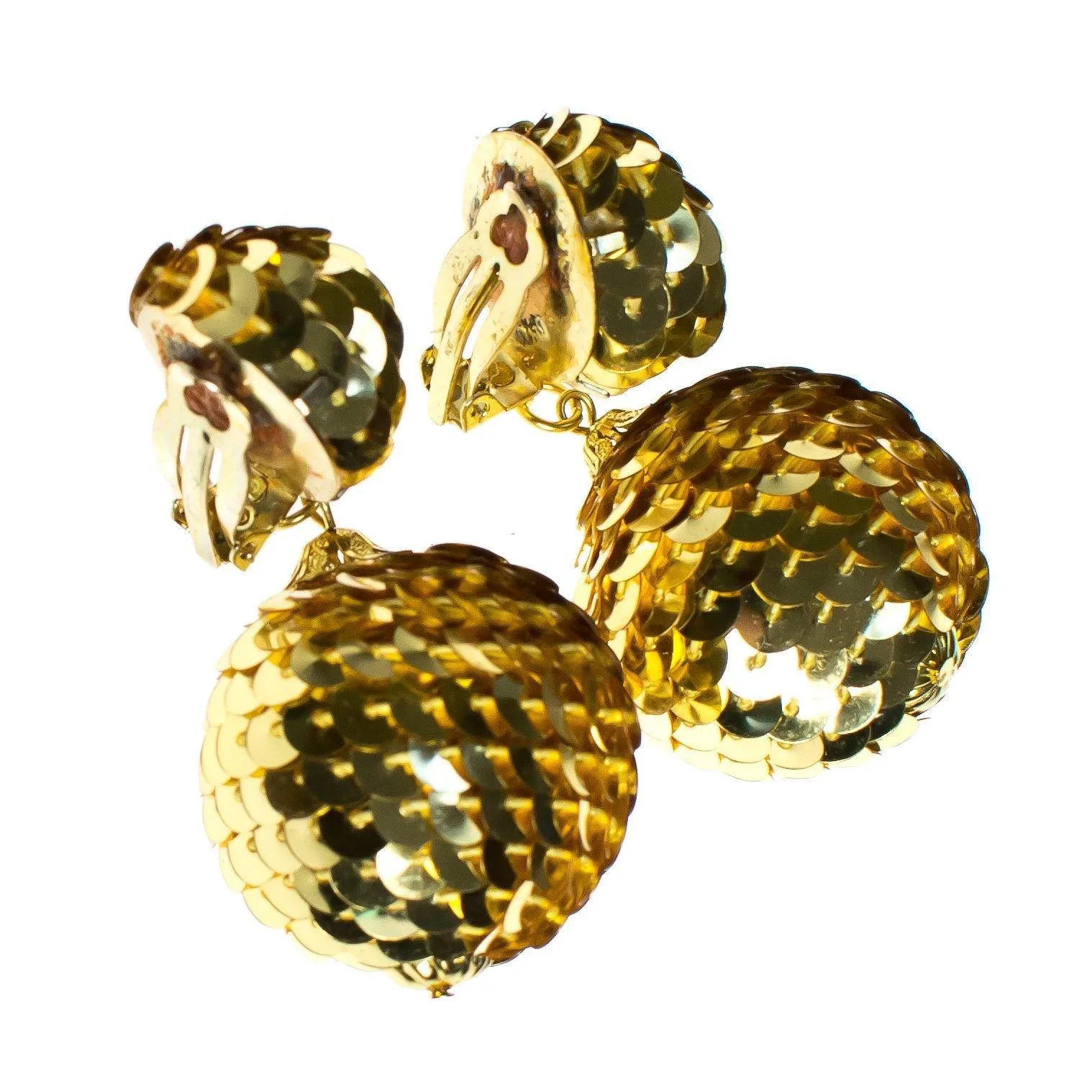 Vintage 1960s Gold Sequin Bon Bon Statement Earrings, Dangle Earrings, Gold Tone Sequins, Clip-on