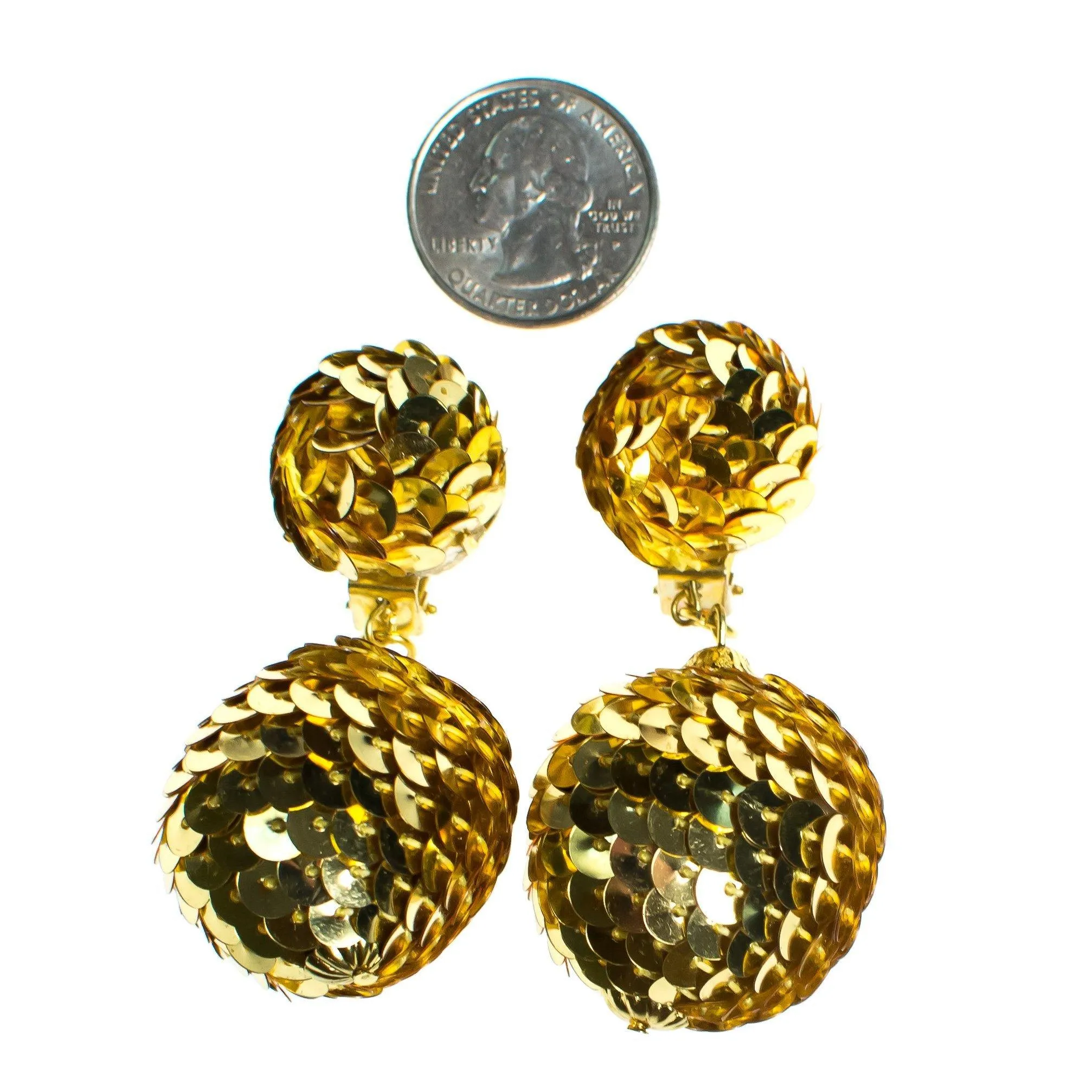 Vintage 1960s Gold Sequin Bon Bon Statement Earrings, Dangle Earrings, Gold Tone Sequins, Clip-on
