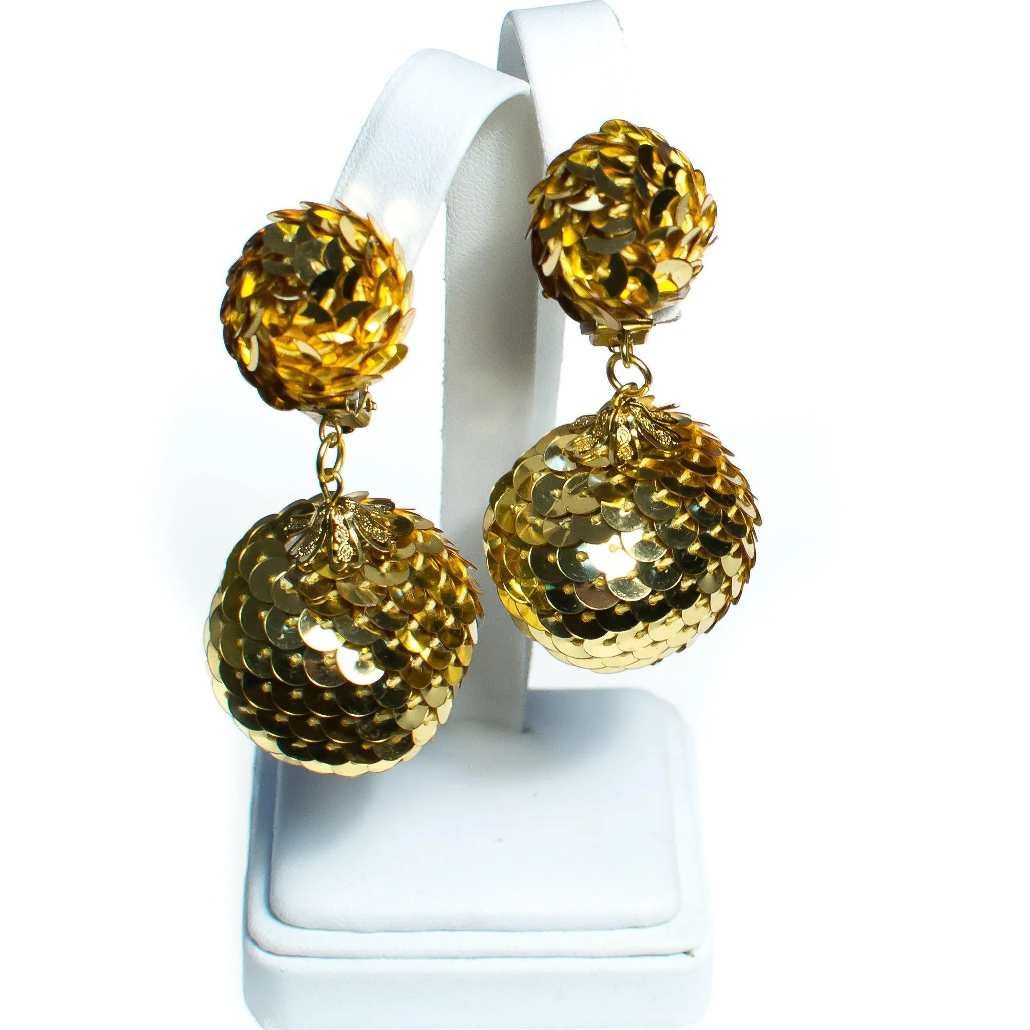 Vintage 1960s Gold Sequin Bon Bon Statement Earrings, Dangle Earrings, Gold Tone Sequins, Clip-on