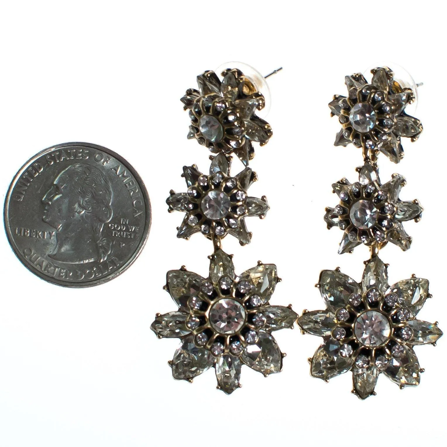 Vintage Crystal Flower Dangle Earrings, Diamante Crystals, Posts