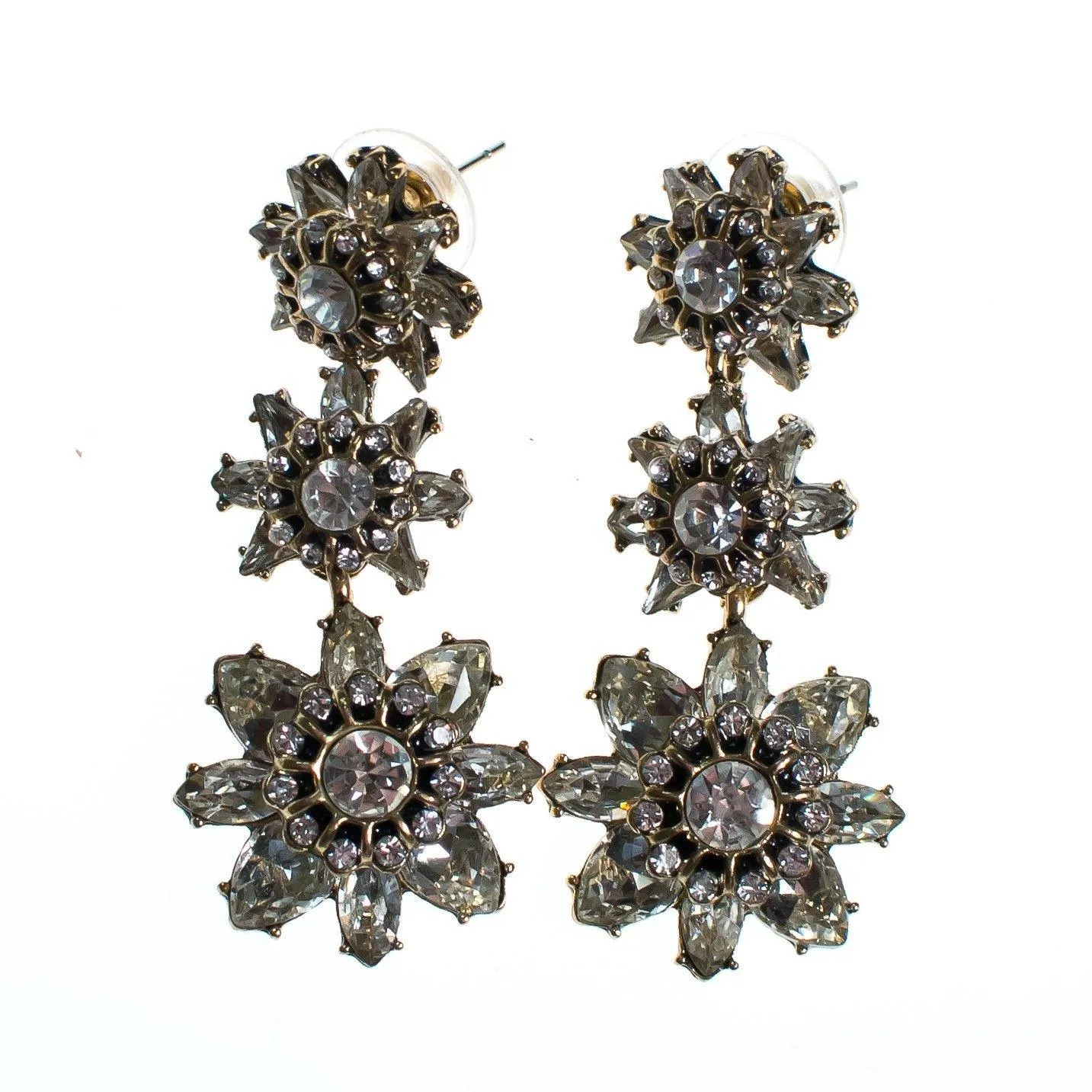 Vintage Crystal Flower Dangle Earrings, Diamante Crystals, Posts