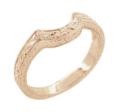 Vintage Engraved Art Deco Wheat and Scrolls 14 Karat Rose Gold Curved Wedding Band