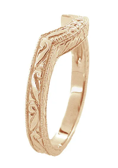 Vintage Engraved Art Deco Wheat and Scrolls 14 Karat Rose Gold Curved Wedding Band