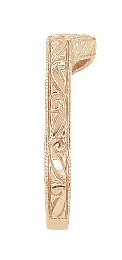 Vintage Engraved Art Deco Wheat and Scrolls 14 Karat Rose Gold Curved Wedding Band