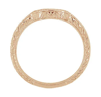 Vintage Engraved Art Deco Wheat and Scrolls 14 Karat Rose Gold Curved Wedding Band