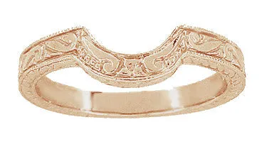 Vintage Engraved Art Deco Wheat and Scrolls 14 Karat Rose Gold Curved Wedding Band