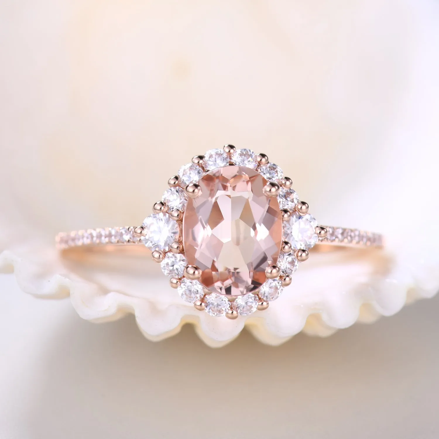 Vintage Floral 6x8mm Morganite Engagement Ring and Halo Diamond Petite Thin Band