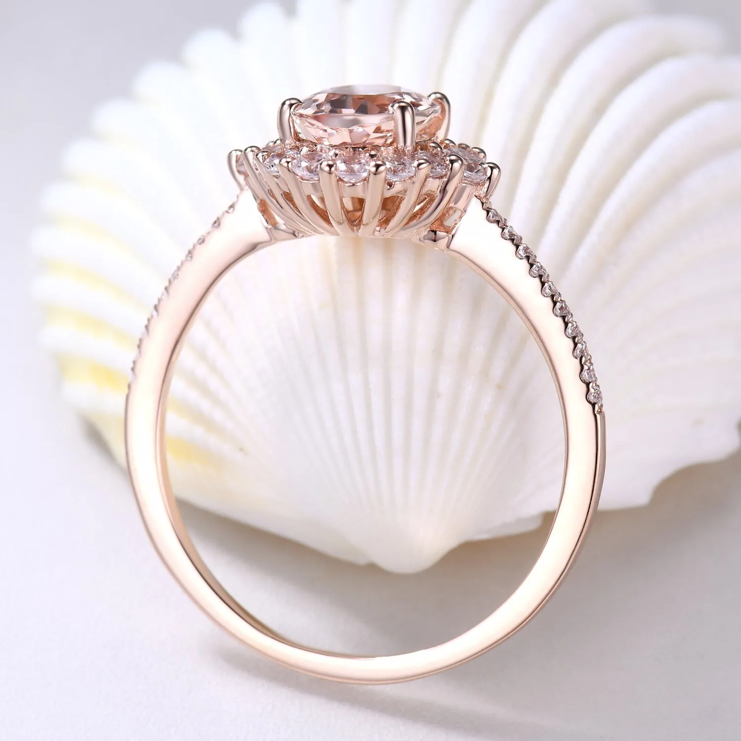 Vintage Floral 6x8mm Morganite Engagement Ring and Halo Diamond Petite Thin Band