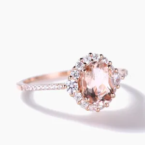 Vintage Floral 6x8mm Morganite Engagement Ring and Halo Diamond Petite Thin Band