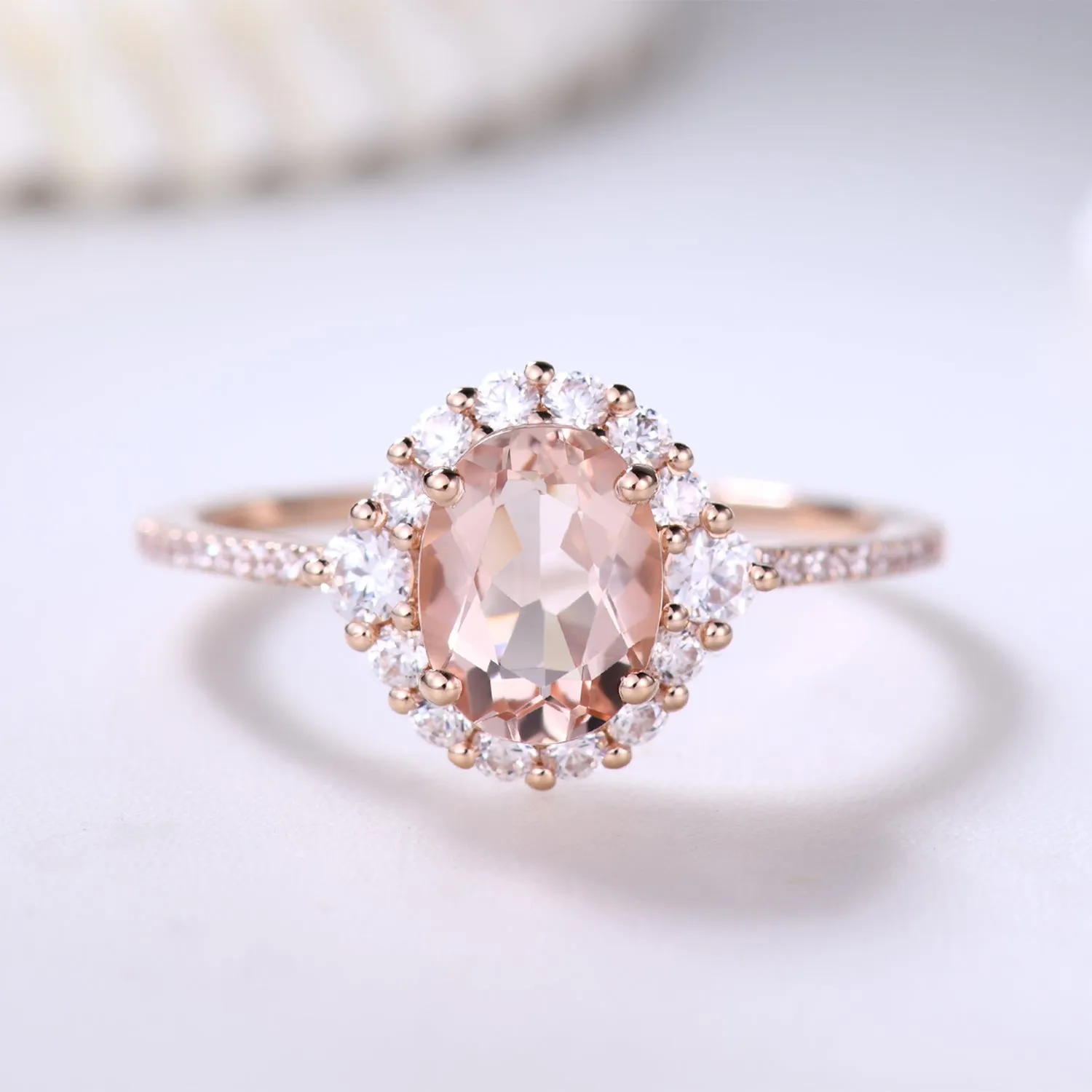 Vintage Floral 6x8mm Morganite Engagement Ring and Halo Diamond Petite Thin Band