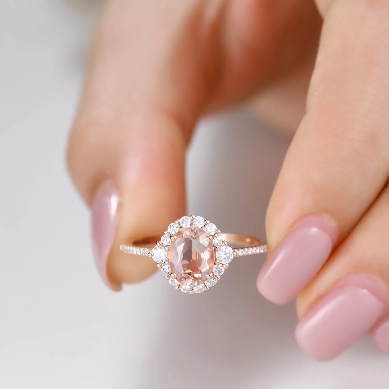 Vintage Floral 6x8mm Morganite Engagement Ring and Halo Diamond Petite Thin Band