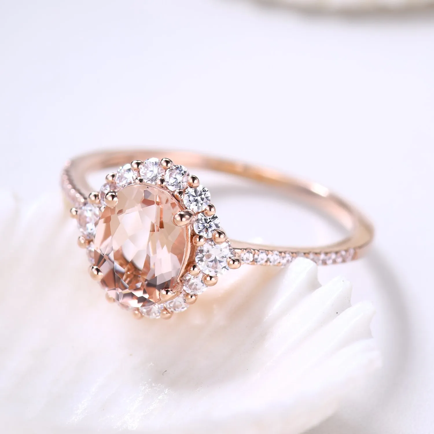 Vintage Floral 6x8mm Morganite Engagement Ring and Halo Diamond Petite Thin Band