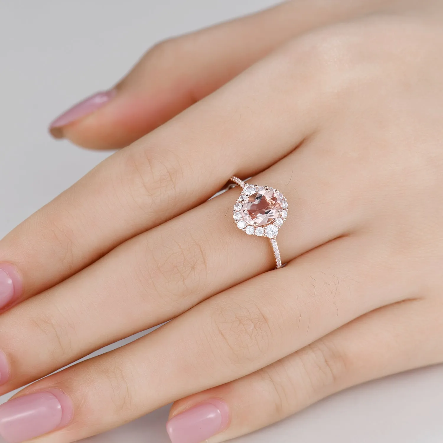 Vintage Floral 6x8mm Morganite Engagement Ring and Halo Diamond Petite Thin Band