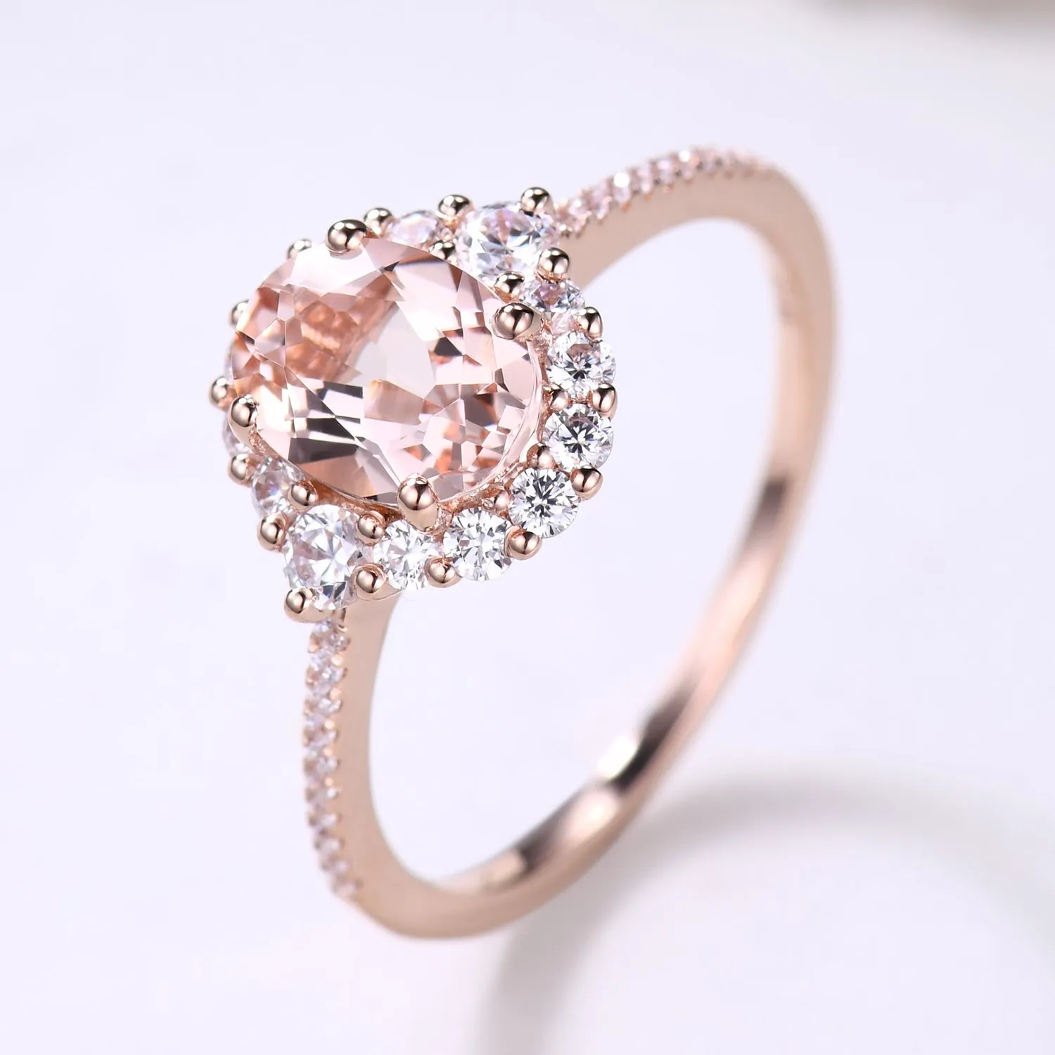 Vintage Floral 6x8mm Morganite Engagement Ring and Halo Diamond Petite Thin Band