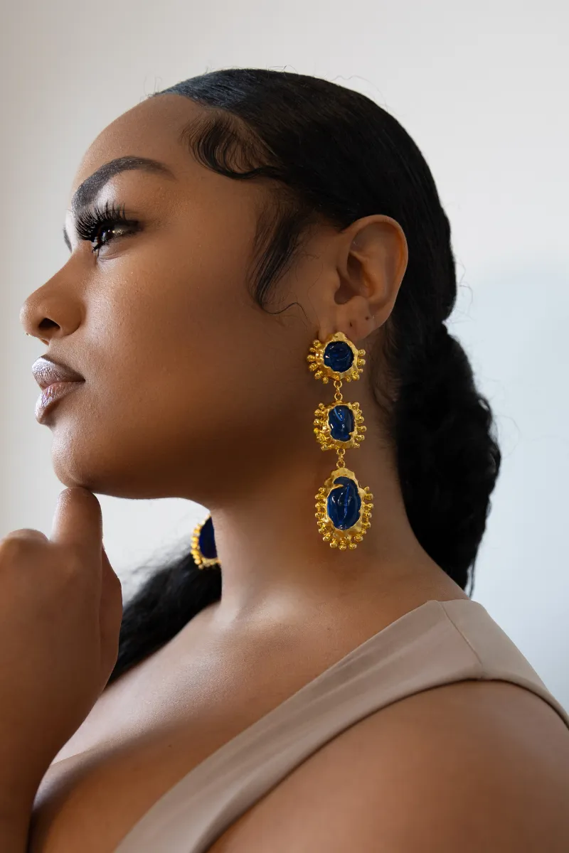 Vintage Long Dangle Blue Statement Earrings