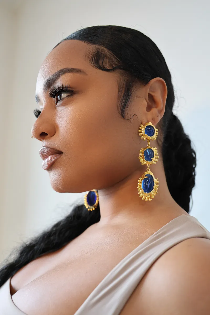 Vintage Long Dangle Blue Statement Earrings