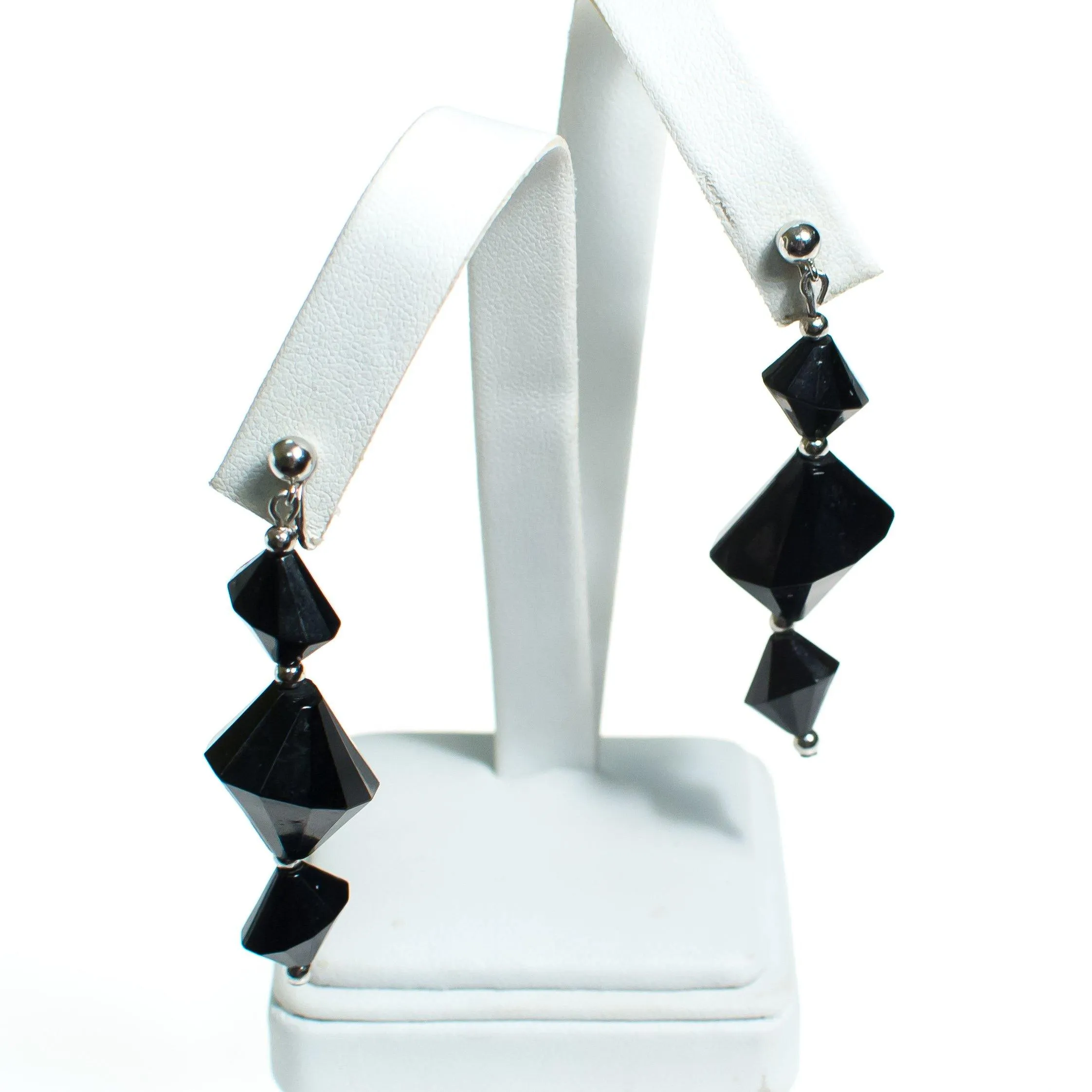Vintage Silver and Black Crown Geometric Trifari Dangle Statement Earrings, Clip on