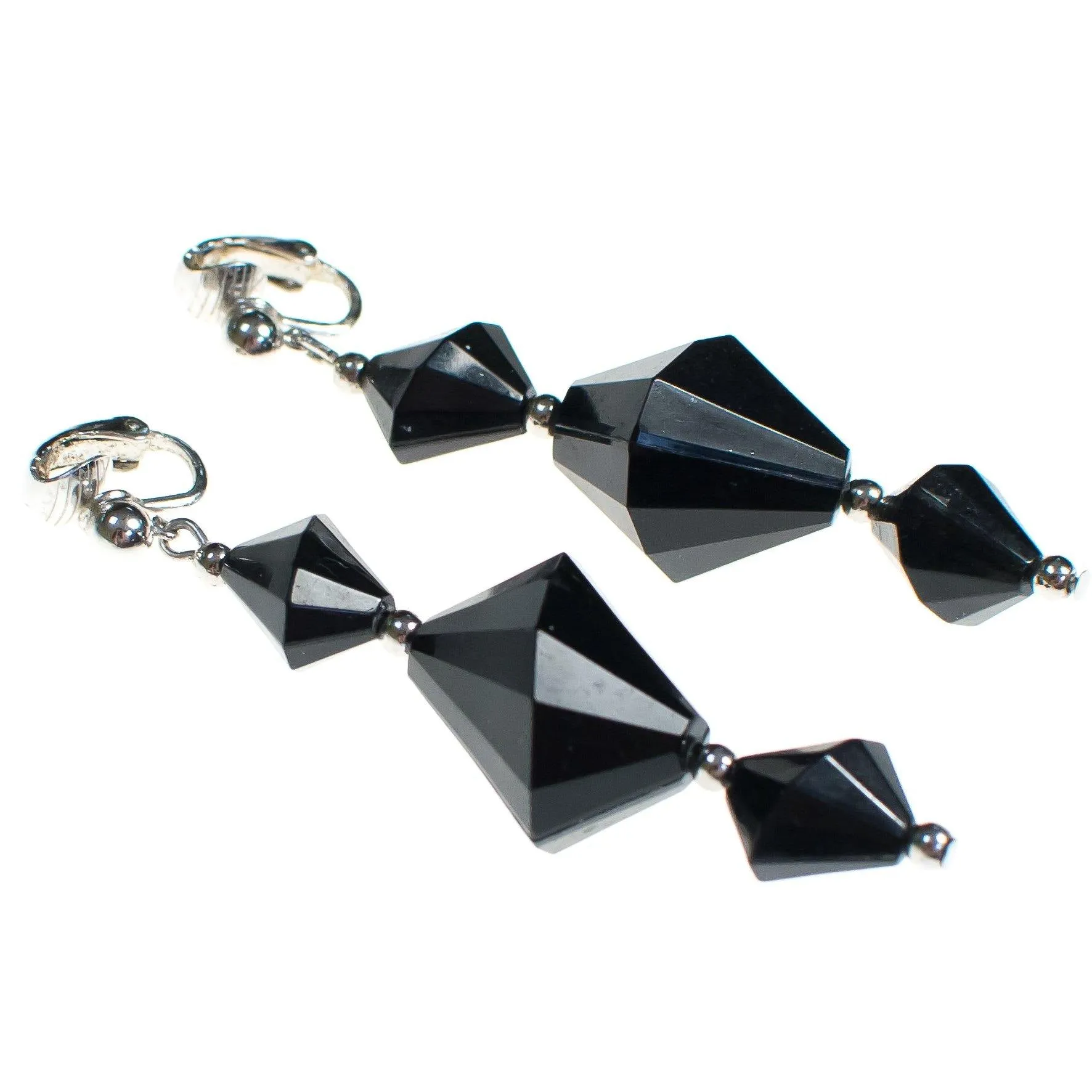 Vintage Silver and Black Crown Geometric Trifari Dangle Statement Earrings, Clip on