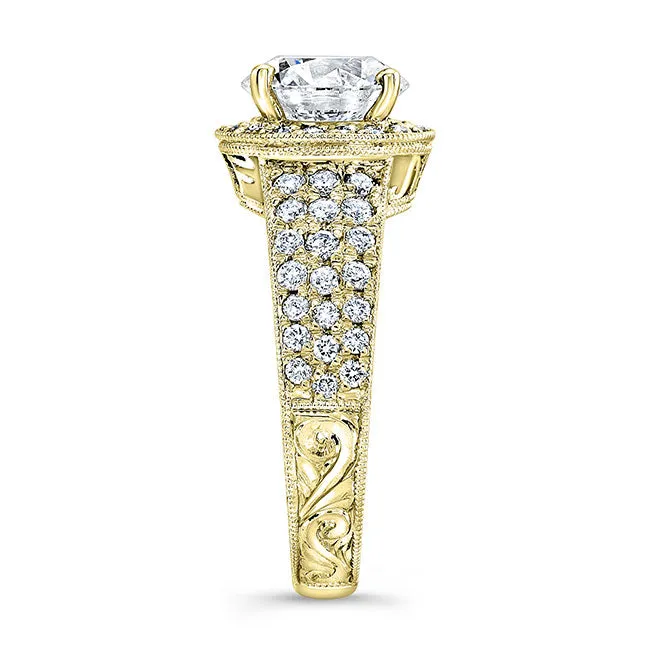 Vintage Style Engraved Halo Diamond Engagement Ring