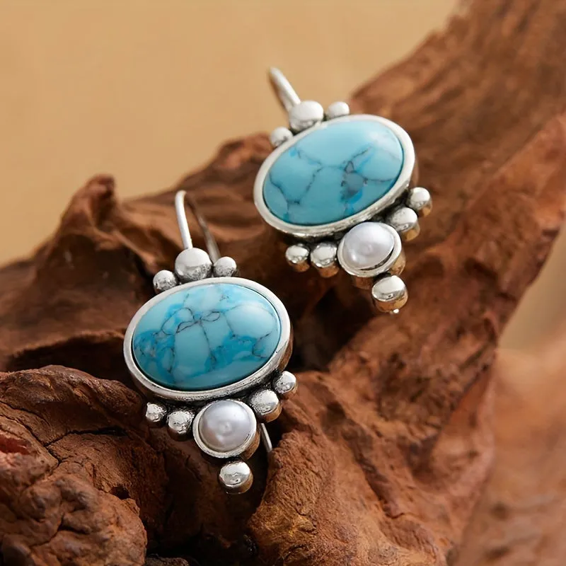 Vintage Turquoise Women's Drop Earrings, Elegant Faux Turquoise Dangle Earrings