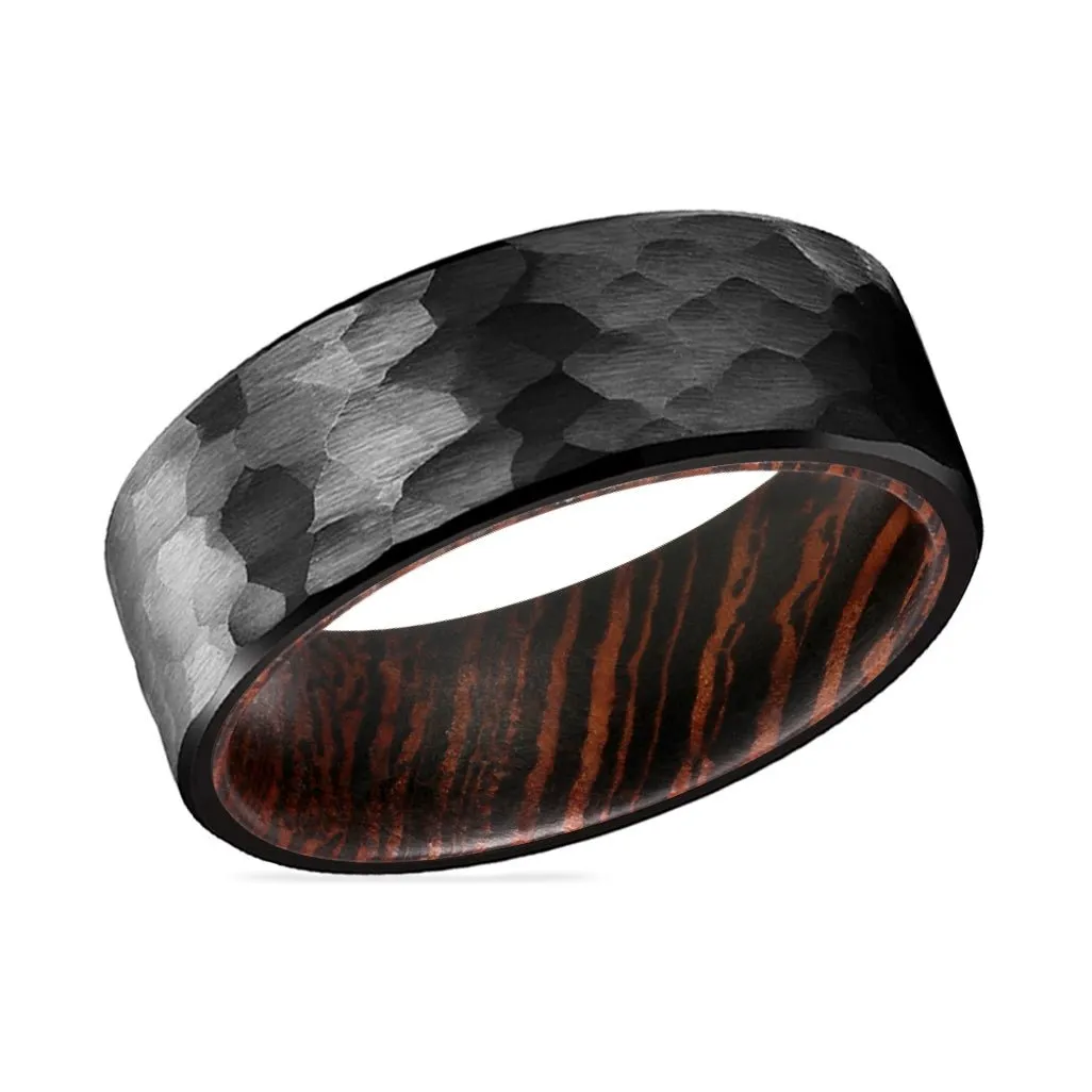 VOYAGER | Wenge Wood, Black Tungsten Ring, Hammered, Flat