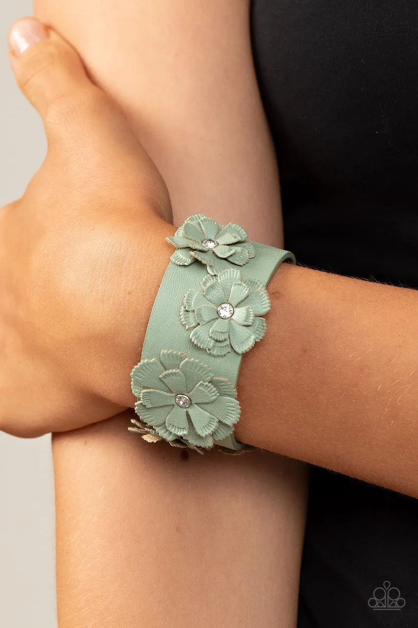 What Do You Pro-POSIES? Green Leather Flower White Rhinestone Paparazzi Wrap Bracelet