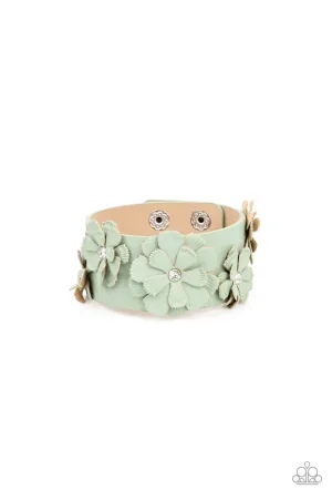 What Do You Pro-POSIES? Green Leather Flower White Rhinestone Paparazzi Wrap Bracelet