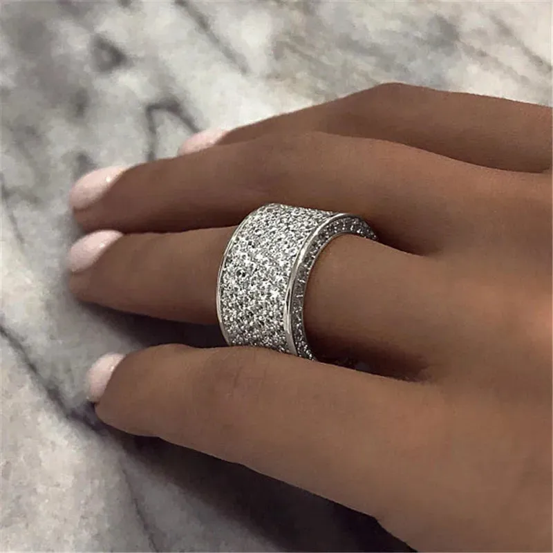 Wide Promise Rings for Women Pull Paved CZ Sparkling Wedding Bands Rings Silver Color/Gold Color