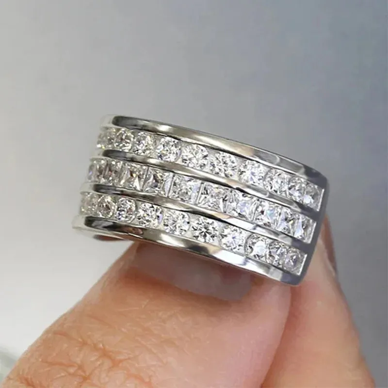 Wide Promise Rings for Women Pull Paved CZ Sparkling Wedding Bands Rings Silver Color/Gold Color