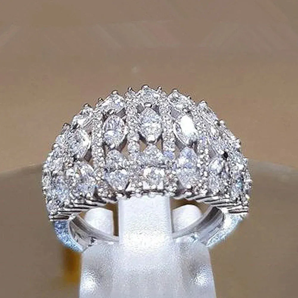 Wide Promise Rings for Women Pull Paved CZ Sparkling Wedding Bands Rings Silver Color/Gold Color