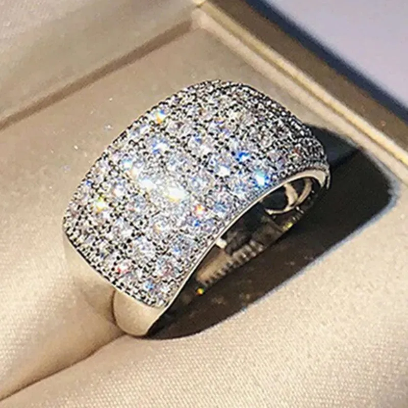 Wide Promise Rings for Women Pull Paved CZ Sparkling Wedding Bands Rings Silver Color/Gold Color