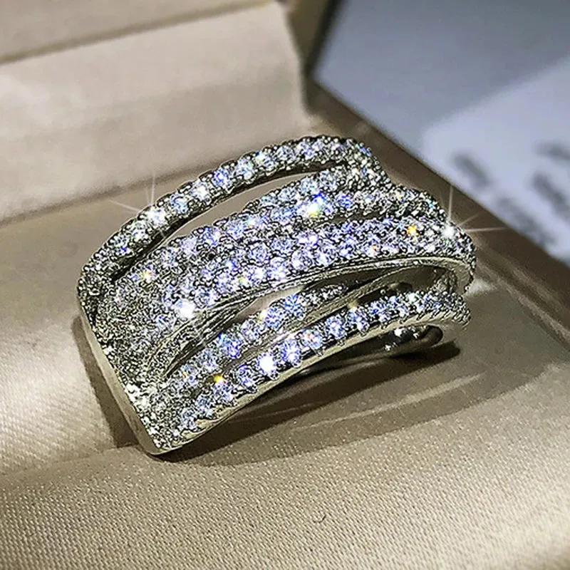Wide Promise Rings for Women Pull Paved CZ Sparkling Wedding Bands Rings Silver Color/Gold Color