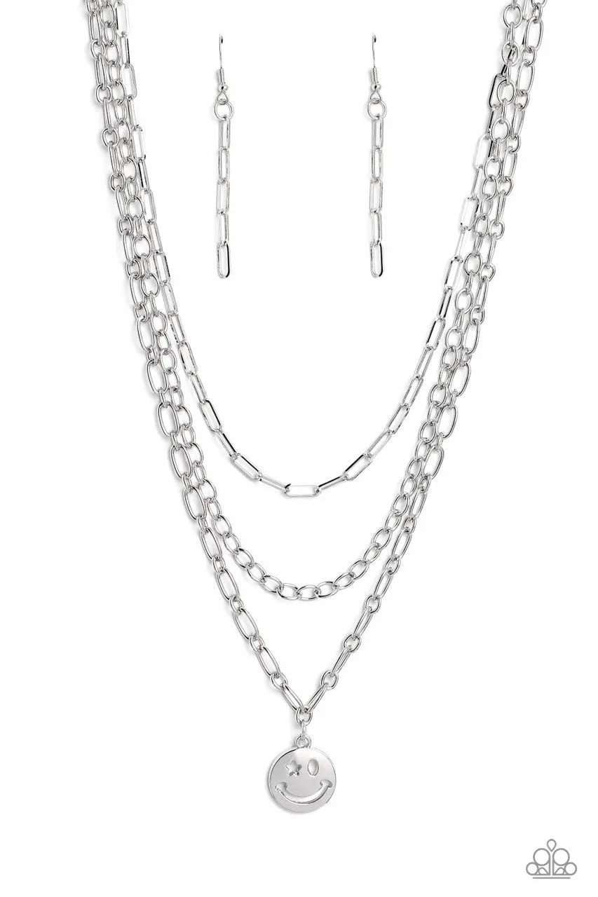 Winking Wanderer - Silver - Smiley Face Charm Tiered Chain Paparazzi Short Necklace