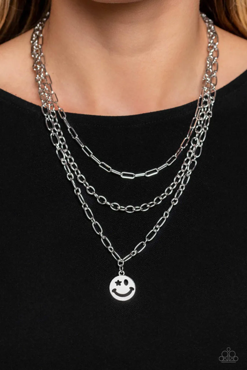 Winking Wanderer - Silver - Smiley Face Charm Tiered Chain Paparazzi Short Necklace