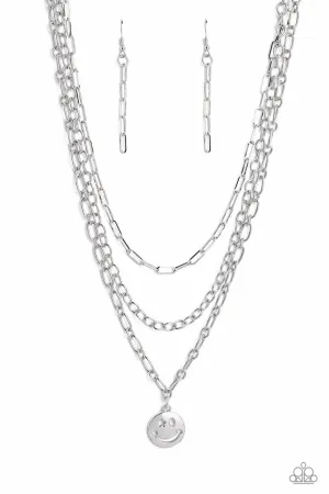 Winking Wanderer - Silver - Smiley Face Charm Tiered Chain Paparazzi Short Necklace