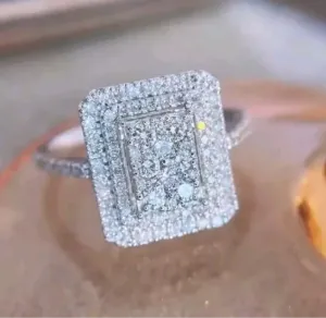 Woman Silver Ring Rectangle Cluster Moissanites Simulated Size 6-7 Free Shipping