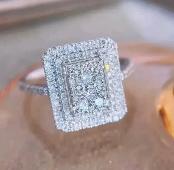 Woman Silver Ring Rectangle Cluster Moissanites Simulated Size 6-7 Free Shipping