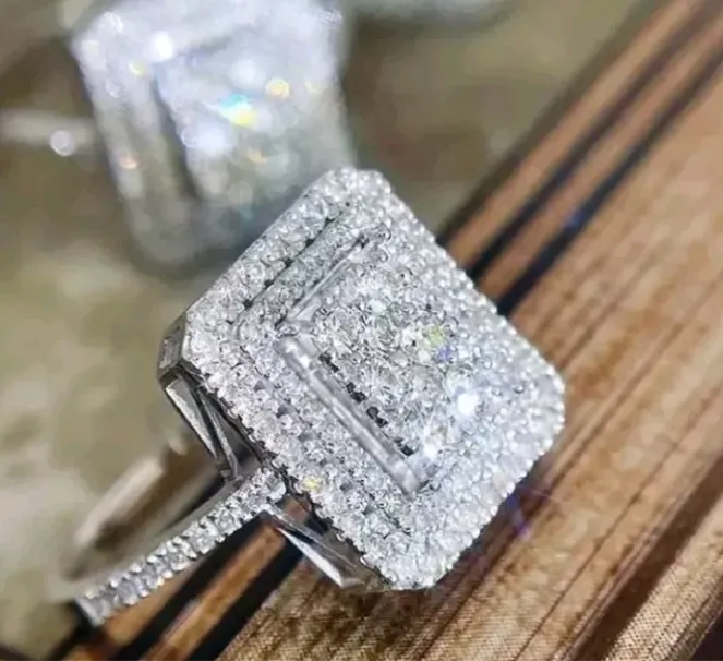 Woman Silver Ring Rectangle Cluster Moissanites Simulated Size 6-7 Free Shipping