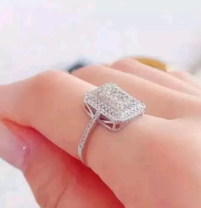 Woman Silver Ring Rectangle Cluster Moissanites Simulated Size 6-7 Free Shipping