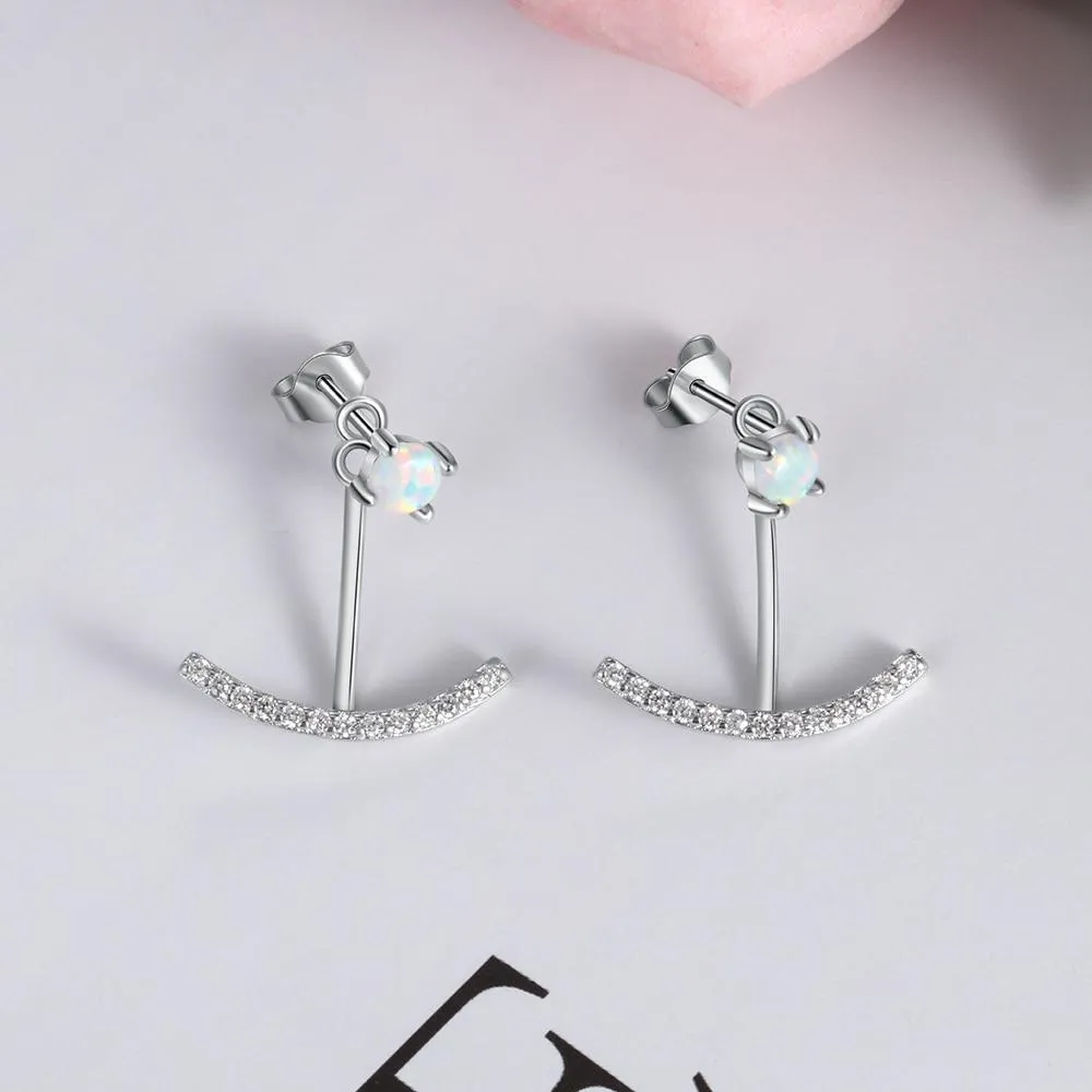 Women 925 Sterling Silver Elegant Cubic Zirconia Stud Earrings with Round White Opal, Wedding Jewelry Earrings